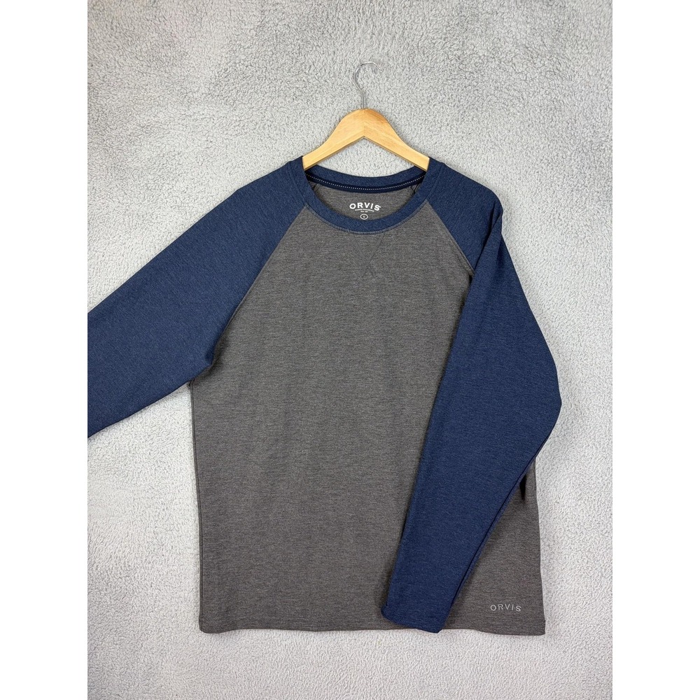 Orvis Shirt Mens Large Gray Blue Colorblock Raglan Long Sleeve Tee Stretch Mens